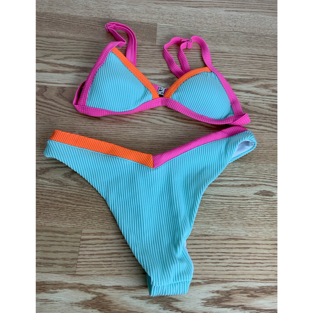 Womens Multi Colored 2 pc Bikini Ribbed Triangle Top Swimsuit Size S